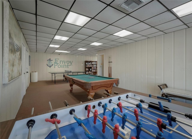 rec room featuring visible vents, pool table, and a drop ceiling