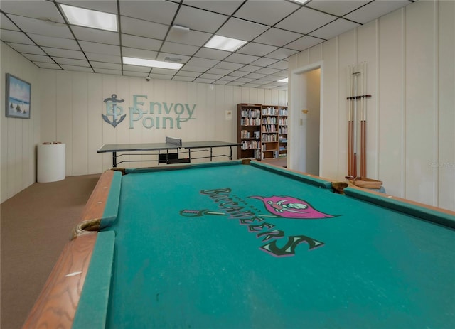 game room featuring billiards, a paneled ceiling, and visible vents