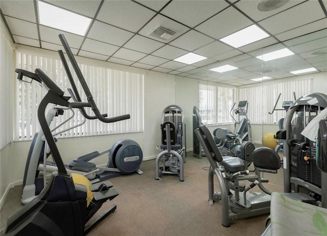 gym featuring baseboards, visible vents, a drop ceiling, and carpet floors