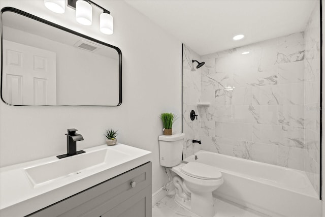 full bathroom featuring vanity, visible vents, shower / washtub combination, toilet, and marble finish floor