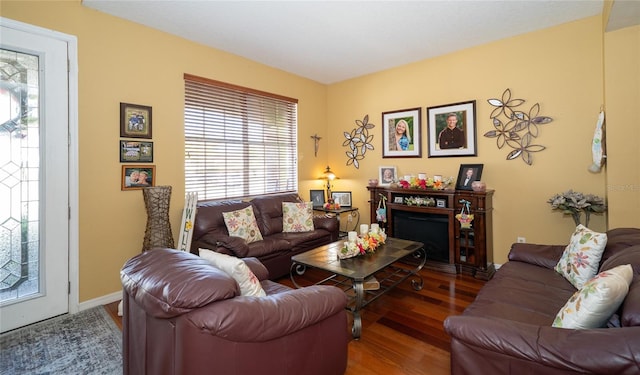 living room featuring wood finished floors and baseboards