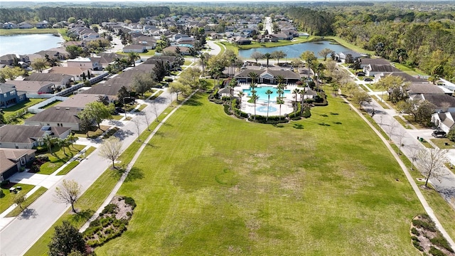 aerial view with a water view and a residential view