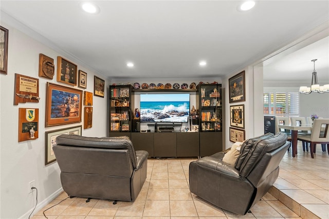 living area featuring a notable chandelier, ornamental molding, recessed lighting, light tile patterned floors, and baseboards