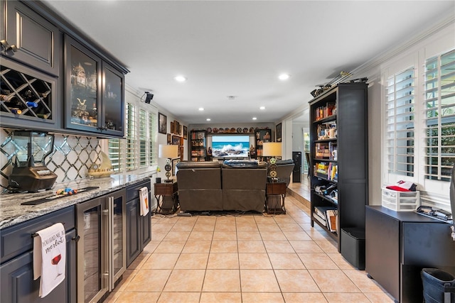 bar featuring decorative backsplash, wine cooler, light tile patterned flooring, and recessed lighting