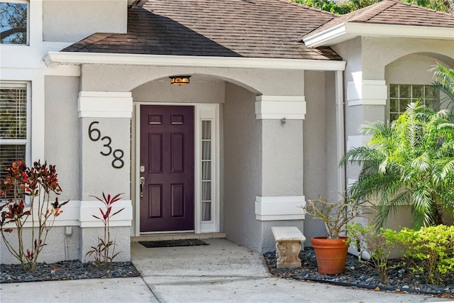 doorway to property with stucco siding and a shingled roof