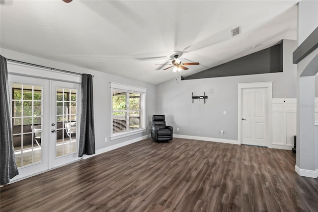 interior space with visible vents, dark wood-type flooring, french doors, lofted ceiling, and ceiling fan