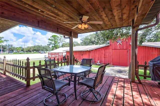 6501 62nd St N, Pinellas Park, FL 33781 - deck featuring fence, outdoor dining space, ceiling fan, and a lawn
