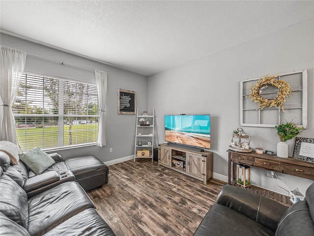 living area with a textured ceiling, baseboards, and wood finished floors