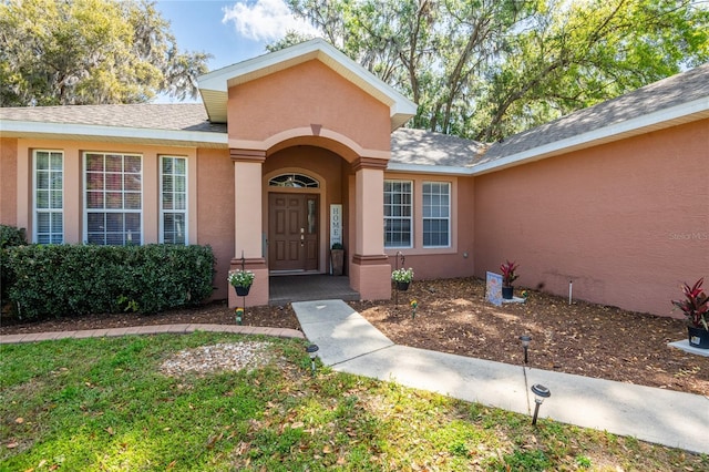 doorway to property featuring stucco siding and a shingled roof