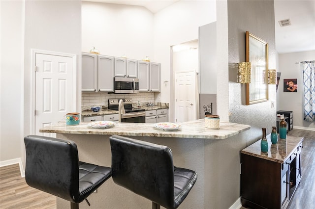 5416 Oxford Manor Cir, Lakeland, FL 33810 - kitchen featuring light stone counters, stainless steel appliances, tasteful backsplash, and wood finished floors