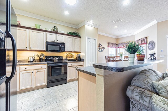 kitchen with light tile patterned floors, visible vents, ornamental molding, black appliances, and dark countertops