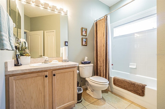 bathroom with tile patterned flooring, shower / bathtub combination with curtain, toilet, and vanity