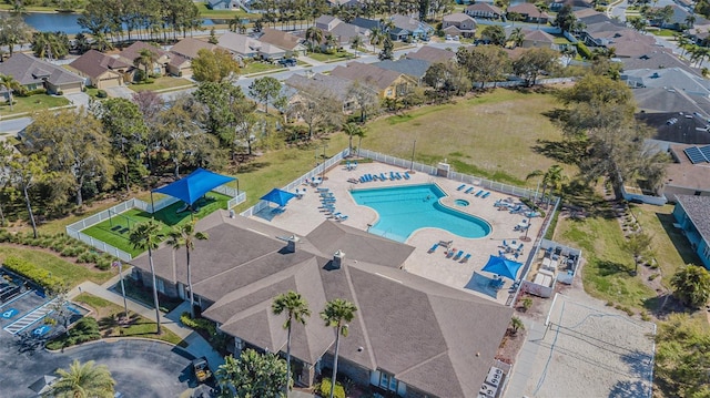 aerial view with a water view and a residential view