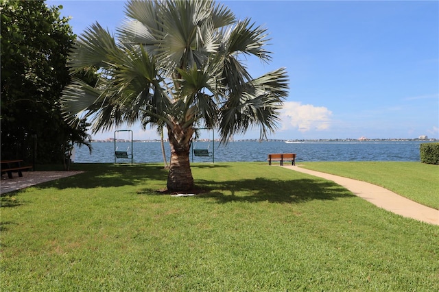 view of yard with a water view