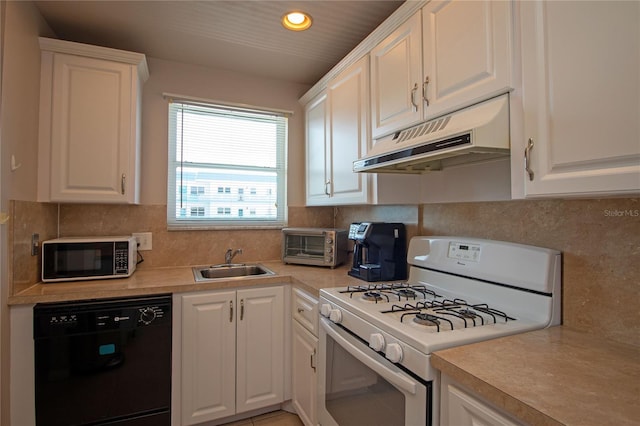 kitchen with white range with gas stovetop, light countertops, black dishwasher, under cabinet range hood, and a sink