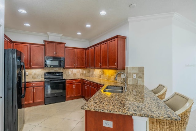 2234 Nottingham Greens Dr Unit 2234, Sun City Center, FL 33573 - kitchen with light stone counters, a peninsula, ornamental molding, a sink, and black appliances
