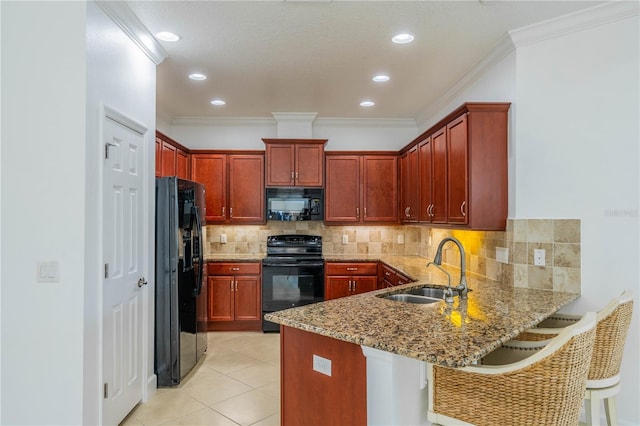 2234 Nottingham Greens Dr Unit 2234, Sun City Center, FL 33573 - kitchen featuring light stone countertops, a peninsula, a sink, black appliances, and dark brown cabinets