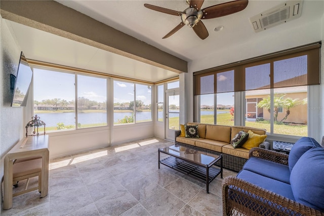 2234 Nottingham Greens Dr Unit 2234, Sun City Center, FL 33573 - sunroom featuring visible vents, a water view, a ceiling fan, and outdoor lounge area