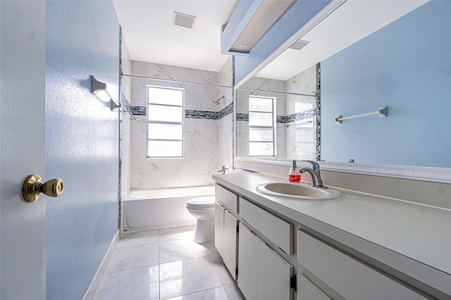 bathroom featuring visible vents, toilet, marble finish floor, shower / tub combination, and vanity