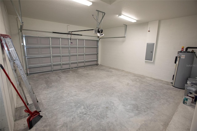 9445 Eldridge Rd, Spring Hill, FL 34608 - garage featuring electric water heater, electric panel, and concrete block wall