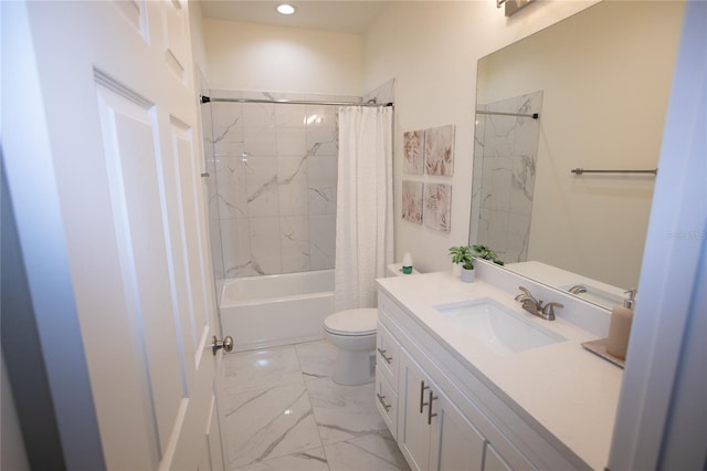 9445 Eldridge Rd, Spring Hill, FL 34608 - bathroom featuring vanity, shower / tub combo, marble finish flooring, and recessed lighting