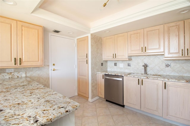1621 Gulf Blvd Unit 308, Clearwater Beach, FL 33767 - kitchen featuring stainless steel dishwasher, light brown cabinetry, light stone countertops, and backsplash