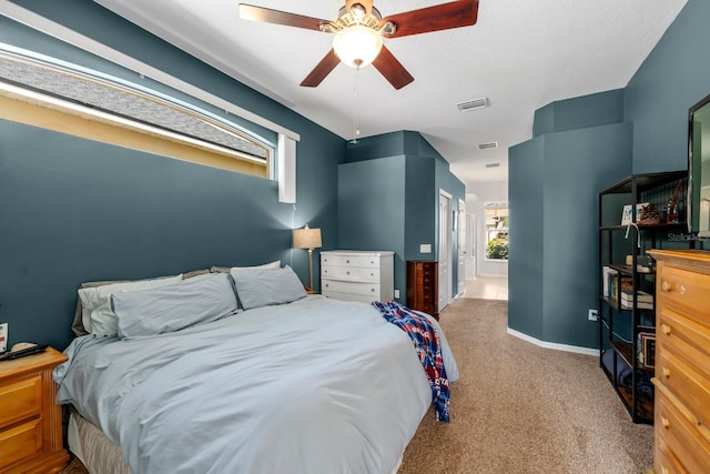5123 Whispering Leaf Trl, Valrico, FL 33596 - bedroom featuring baseboards, carpet flooring, visible vents, and a ceiling fan