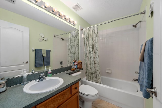 5123 Whispering Leaf Trl, Valrico, FL 33596 - bathroom with toilet, vanity, visible vents, tile patterned flooring, and shower / tub combo