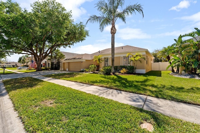 5123 Whispering Leaf Trl, Valrico, FL 33596 - view of front of house featuring fence, an attached garage, driveway, stucco siding, and a front yard