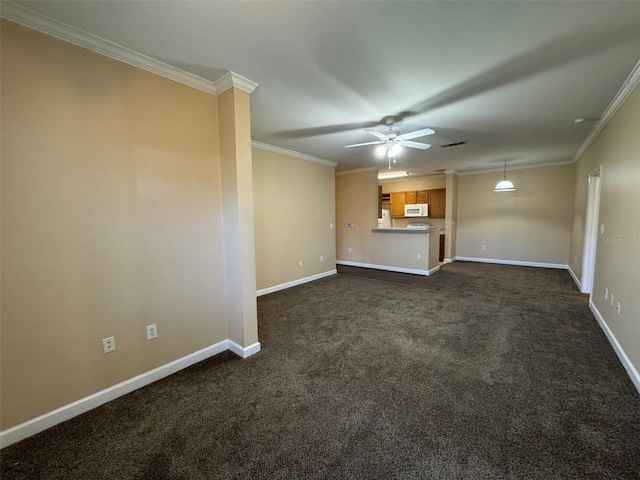 18575 Bridle Club Dr Unit 18575, Tampa, FL 33647 - unfurnished living room featuring a ceiling fan, visible vents, baseboards, ornamental molding, and dark colored carpet
