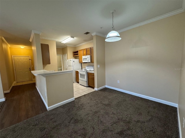 18575 Bridle Club Dr Unit 18575, Tampa, FL 33647 - kitchen featuring ornamental molding, white appliances, a peninsula, light countertops, and baseboards