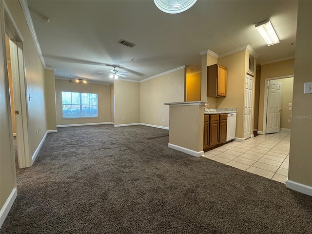 18575 Bridle Club Dr Unit 18575, Tampa, FL 33647 - interior space with visible vents, ornamental molding, light carpet, light tile patterned floors, and a ceiling fan