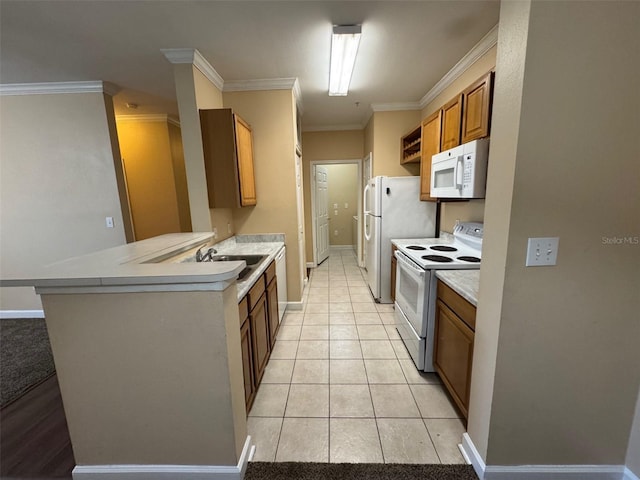 18575 Bridle Club Dr Unit 18575, Tampa, FL 33647 - kitchen with ornamental molding, a sink, white appliances, a peninsula, and brown cabinetry
