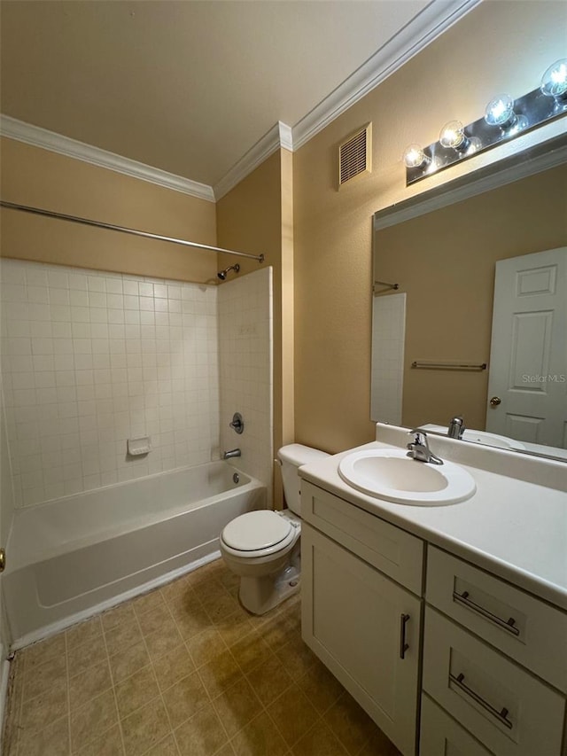18575 Bridle Club Dr Unit 18575, Tampa, FL 33647 - full bathroom featuring visible vents, toilet, washtub / shower combination, crown molding, and vanity