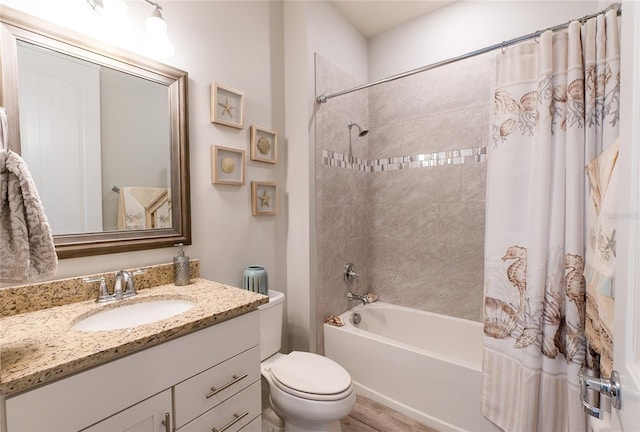 full bath with vanity, shower / bath combination with curtain, and toilet