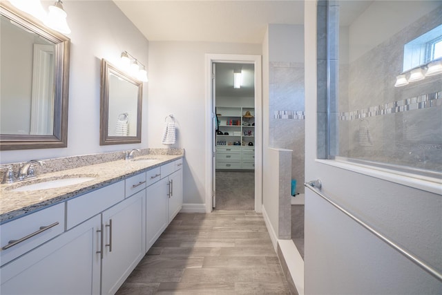 bathroom featuring a sink, a walk in closet, walk in shower, and double vanity