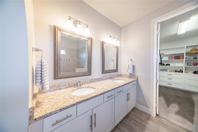 full bath featuring a sink, baseboards, wood finished floors, and double vanity