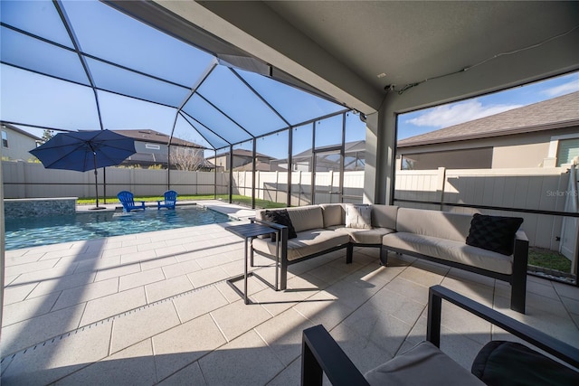 view of patio / terrace with a fenced in pool, a fenced backyard, outdoor lounge area, a lanai, and a jacuzzi