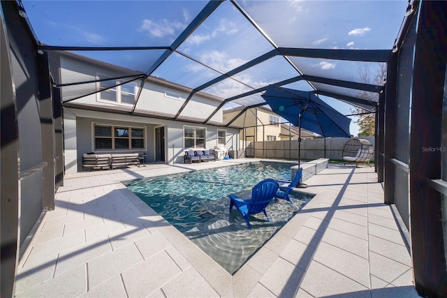 view of pool featuring a fenced in pool, a patio, a lanai, and fence