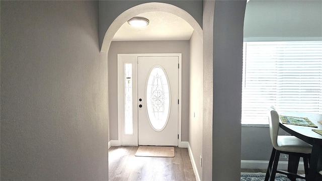 25631 Bruford Blvd, Land O Lakes, FL 34639 - entryway featuring arched walkways, wood finished floors, baseboards, healthy amount of natural light, and a textured wall