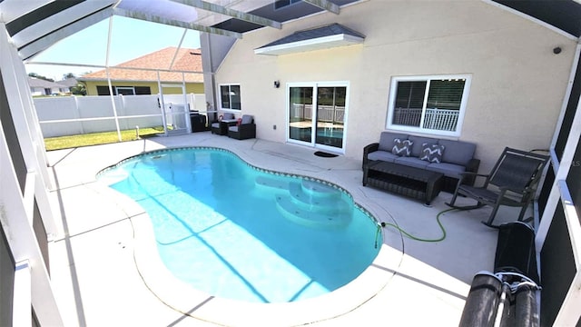 25631 Bruford Blvd, Land O Lakes, FL 34639 - view of swimming pool featuring an outdoor living space, a patio area, and glass enclosure
