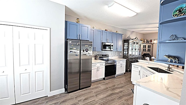25631 Bruford Blvd, Land O Lakes, FL 34639 - kitchen featuring appliances with stainless steel finishes, light stone countertops, light wood-type flooring, tasteful backsplash, and a textured ceiling