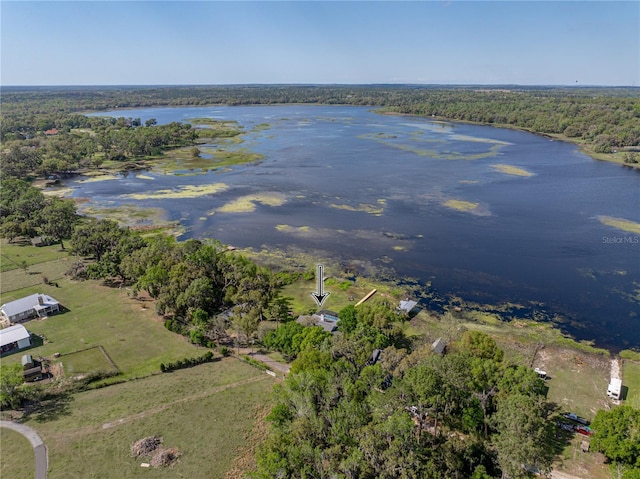 aerial view with a water view and a wooded view