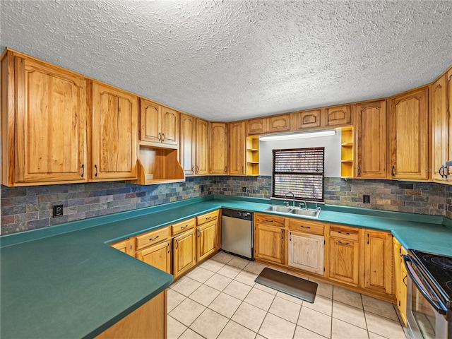 kitchen with open shelves, light tile patterned flooring, electric range oven, a sink, and stainless steel dishwasher