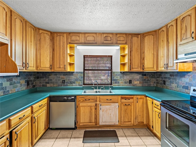 kitchen featuring open shelves, light tile patterned floors, appliances with stainless steel finishes, and a sink