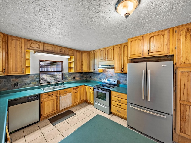 kitchen featuring a sink, open shelves, light tile patterned floors, and stainless steel appliances