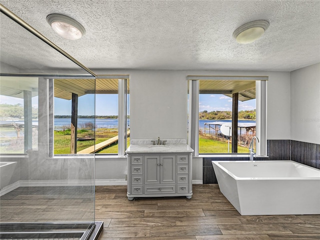 bathroom with a freestanding bath, vanity, a water view, and wood tiled floor