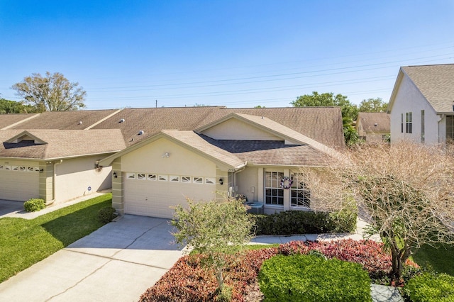 2991 Covewood Pl, Clearwater, FL 33761 - ranch-style home with stucco siding, an attached garage, driveway, and roof with shingles