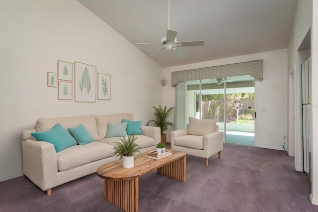 2991 Covewood Pl, Clearwater, FL 33761 - carpeted living area with ceiling fan, lofted ceiling, and baseboards