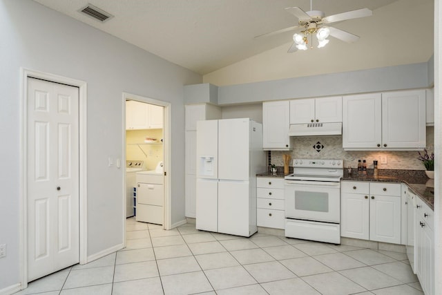 2991 Covewood Pl, Clearwater, FL 33761 - kitchen featuring white appliances, under cabinet range hood, washer and dryer, ceiling fan, and white cabinets